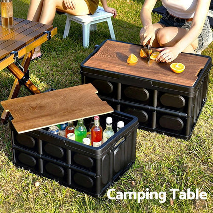 Gardeon Collapsible Outdoor Storage Box 50L Stackable Folding Camping Organizer Plywood Lid Black.