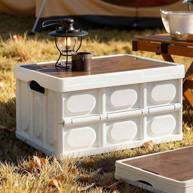 Gardeon Collapsible Outdoor Storage Box 50L Stackable Folding Camping Organizer Plywood Lid Beige.