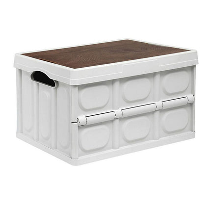 Gardeon Collapsible Outdoor Storage Box 50L Stackable Folding Camping Organizer Plywood Lid Beige.