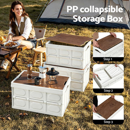 Gardeon Collapsible Outdoor Storage Box 50L Stackable Folding Camping Organizer Plywood Lid Beige.