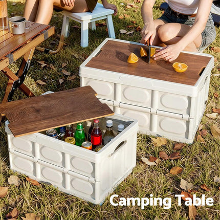 Gardeon Collapsible Outdoor Storage Box 50L Stackable Folding Camping Organizer Plywood Lid Beige.