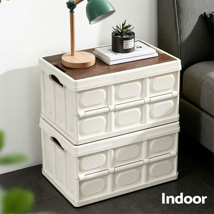 Gardeon Collapsible Outdoor Storage Box 50L Stackable Folding Camping Organizer Plywood Lid Beige.
