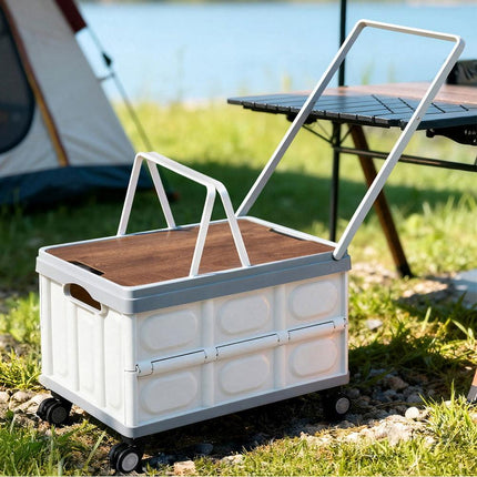 Gardeon Collapsible Outdoor Storage Box 54L Stackable Folding Camping Organizer Wheels Plywood Lid Beige.