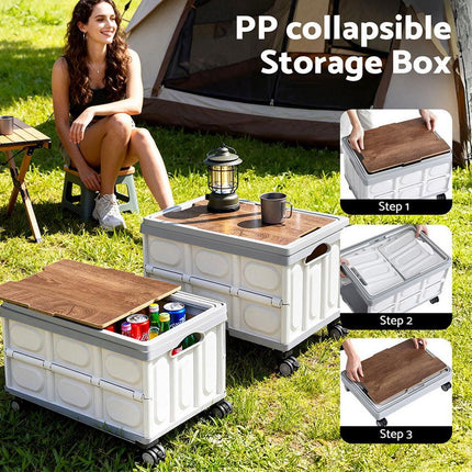 Gardeon Collapsible Outdoor Storage Box 54L Stackable Folding Camping Organizer Wheels Plywood Lid Beige.