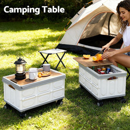 Gardeon Collapsible Outdoor Storage Box 54L Stackable Folding Camping Organizer Wheels Plywood Lid Beige.
