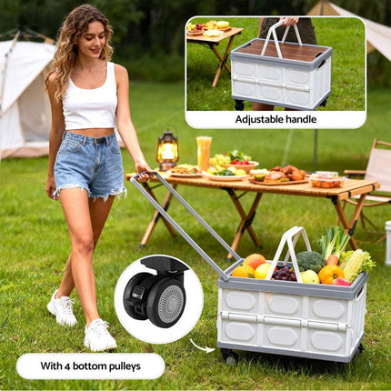 Gardeon Collapsible Outdoor Storage Box 54L Stackable Folding Camping Organizer Wheels Plywood Lid Beige.