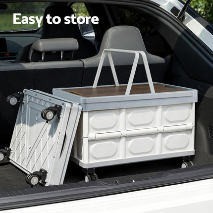Gardeon Collapsible Outdoor Storage Box 54L Stackable Folding Camping Organizer Wheels Plywood Lid Beige.