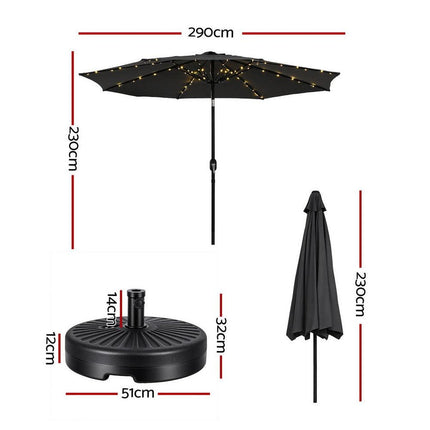 Instahut Outdoor Umbrella 2.9m Market Umbrella with Base String Light Black.