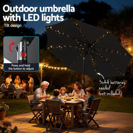 Instahut Outdoor Umbrella 2.9m Market Umbrella with Base String Light Black.