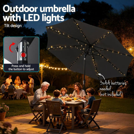 Instahut Outdoor Umbrella 2.9m Market Umbrella with String Light Tilt Charcoal Shade.