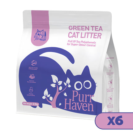 PurrHaven Green Tea Clumping Cat & Kitty Litter, 15kg (6 Pack),Dust Free,Natural Flusable,Easy to Clean,Odour Neutraliser,Rapid Liquid Absorption,Non-Toxic Formula.
