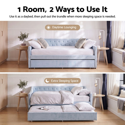 Artiss King Single Buttonless Tufted Daybed with Pull-Out Trundle, Light Blue