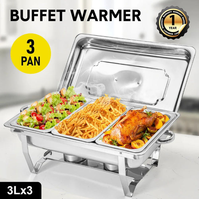 Alston 3LX3 Chafing Dish Set, Premium 410 Stainless Steel Buffet Warmer, Bain Marie Food Server with Fuel Holders & Lid, Stackable Catering Equipment for Hotels, Parties, Weddings & Banquets, Silver.
