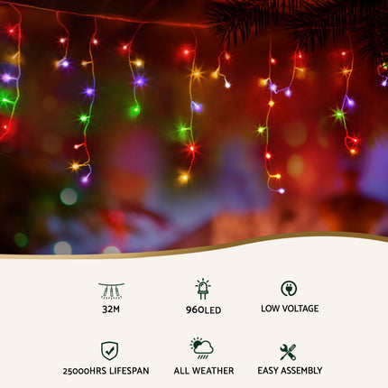32M Christmas Lights Icicle Light 960 LED Multi-coloured Jingle Jollys.