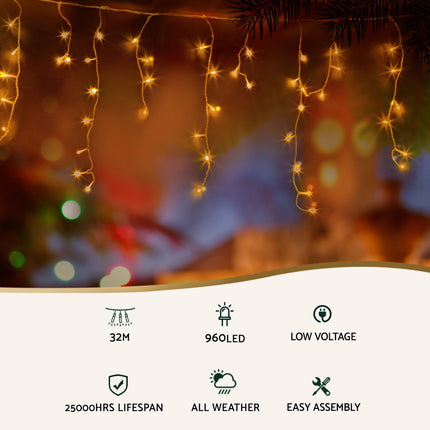 32M Christmas Lights Icicle Light 960 LED Warm White Jingle Jollys.