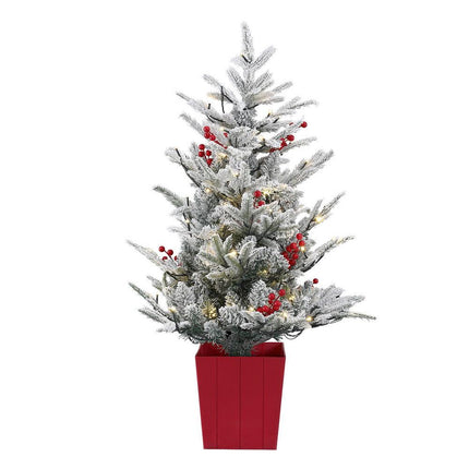 Jingle Jollys Christmas Tree 1M LED Potted Xmas Party Decor Red Barries Flocked.