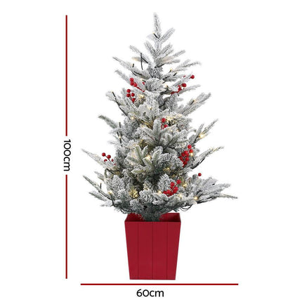 Jingle Jollys Christmas Tree 1M LED Potted Xmas Party Decor Red Barries Flocked.
