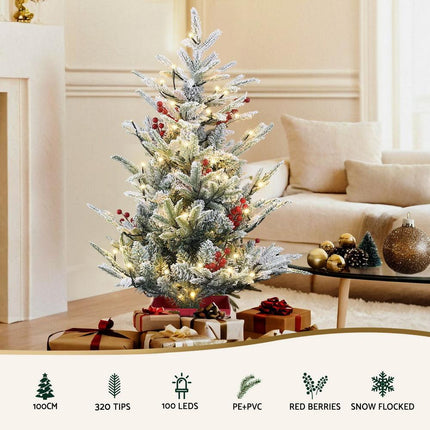 Jingle Jollys Christmas Tree 1M LED Potted Xmas Party Decor Red Barries Flocked.