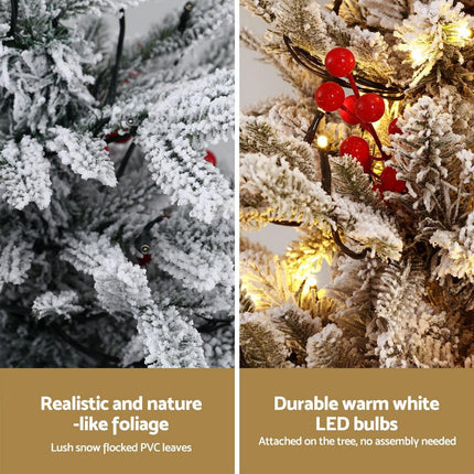Jingle Jollys Christmas Tree 1M LED Potted Xmas Party Decor Red Barries Flocked.