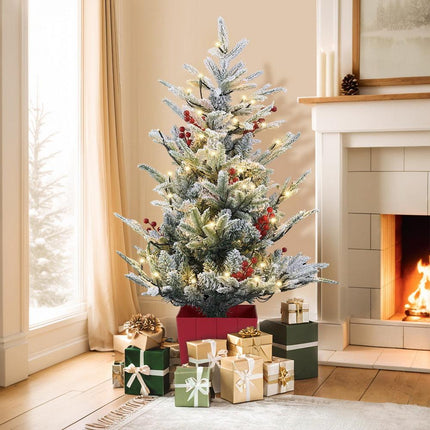 Jingle Jollys Christmas Tree 1M LED Potted Xmas Party Decor Red Barries Flocked.