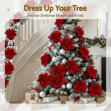 Jingle Jollys 14Pcs Christmas Tree Flowers Set Xmas Garland Wreath Ornaments Red.