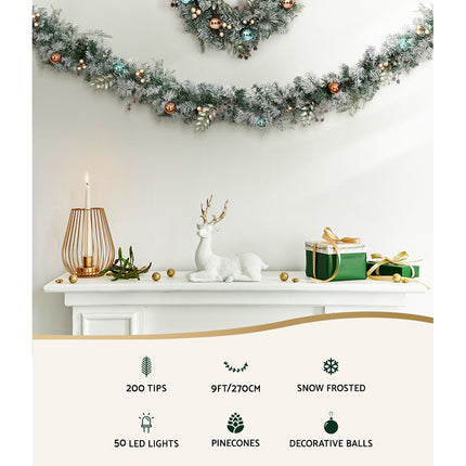 Jingle Jollys 2.7m Christmas Garland with LED Lights Snowy Decoration Xmas Party.