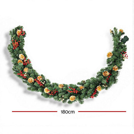 Jingle Jollys 1.8M Christmas Garland Pre-lit LED Pine Cones Berries Xmas Decor.
