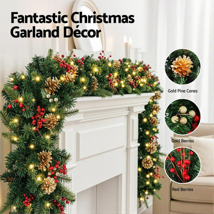 Jingle Jollys 1.8M Christmas Garland Pre-lit LED Pine Cones Berries Xmas Decor.