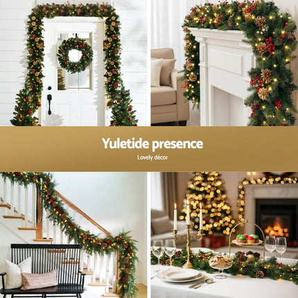 Jingle Jollys 1.8M Christmas Garland Pre-lit LED Pine Cones Berries Xmas Decor.