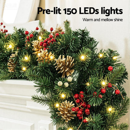 Jingle Jollys 1.8M Christmas Garland Pre-lit LED Pine Cones Berries Xmas Decor.
