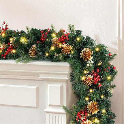 Jingle Jollys 1.8M Christmas Garland Pre-lit LED Pine Cones Berries Xmas Decor.