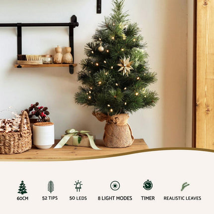 Jingle Jollys Christmas Tree 60CM Mini Tabletop 8 Light Modes Timer Xmas Tree.