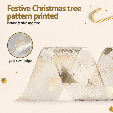 Jingle Jollys 20M Christmas Ribbon Roll Bow Printed Xmas Tree Decor Gift Gold.