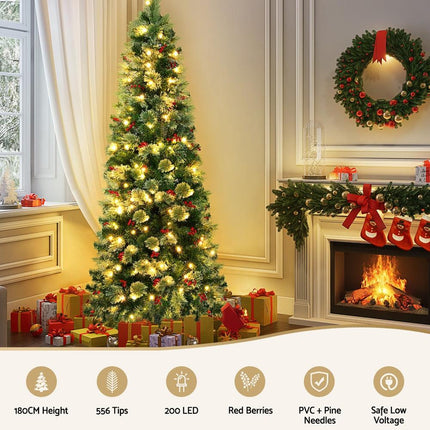 Jingle Jollys Christmas Tree 1.8M LED Xmas Tree Party Decorations Red Barries.