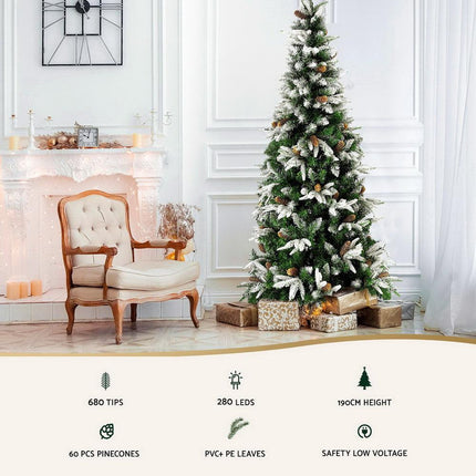 Jingle Jollys Christmas Tree 190cm Pine Cones LED Flocking Xmas Tree 680 Tips.