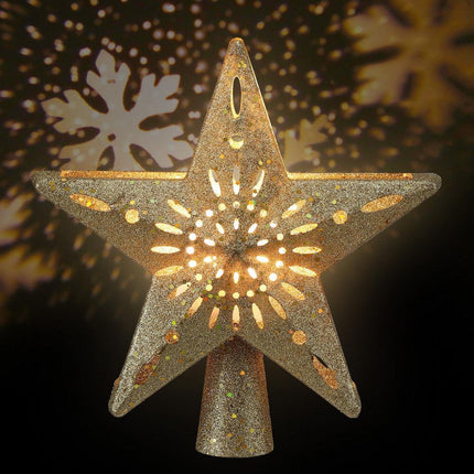 Jingle Jollys Christmas Tree Topper Star Snowflake Projector Party Glitter Gold.