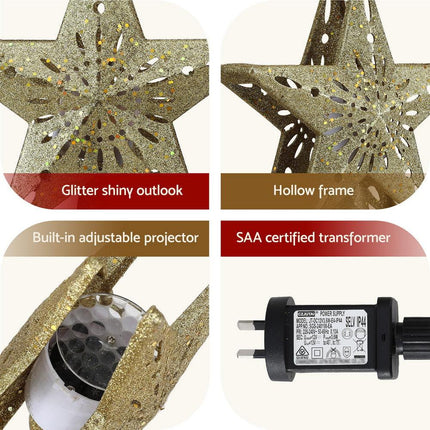 Jingle Jollys Christmas Tree Topper Star Snowflake Projector Party Glitter Gold.