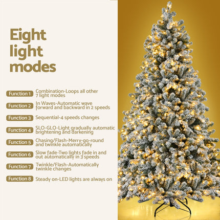 Jingle Jollys Christmas Tree 1.8m Snow Flocked LED Xmas Decoration 8 Light Modes.