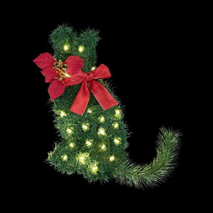 Jingle Jollys Cat Christmas Wreath Pre-lit 20 LED Xmas Decor Bow Flower 35x30cm.