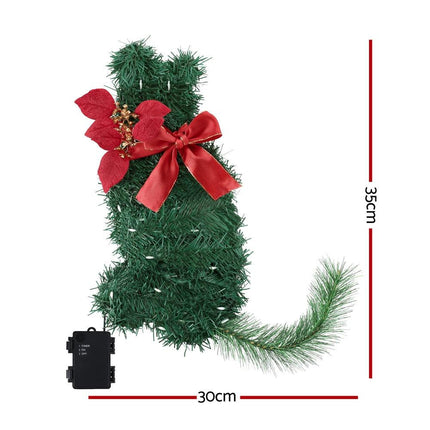 Jingle Jollys Cat Christmas Wreath Pre-lit 20 LED Xmas Decor Bow Flower 35x30cm.
