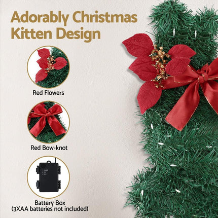 Jingle Jollys Cat Christmas Wreath Pre-lit 20 LED Xmas Decor Bow Flower 35x30cm.