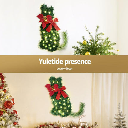 Jingle Jollys Cat Christmas Wreath Pre-lit 20 LED Xmas Decor Bow Flower 35x30cm.