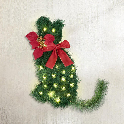 Jingle Jollys Cat Christmas Wreath Pre-lit 20 LED Xmas Decor Bow Flower 35x30cm.