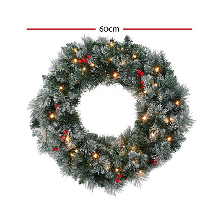 Jingle Jollys 60cm Christmas Wreath LED Lights Snowy Berries Garland Party Decor.