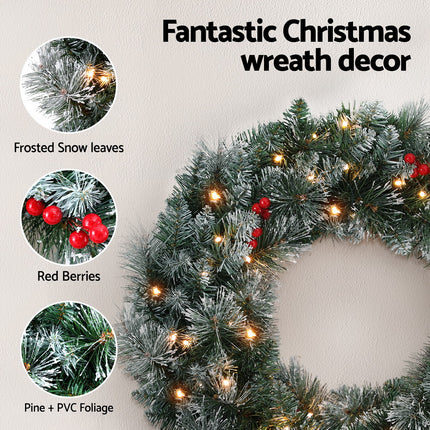 Jingle Jollys 60cm Christmas Wreath LED Lights Snowy Berries Garland Party Decor.
