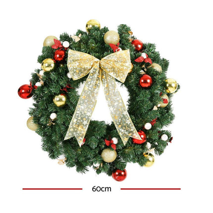 Jingle Jollys Christmas Wreath 60CM LED Garland Berries Bow Baubles Xmas Decor.