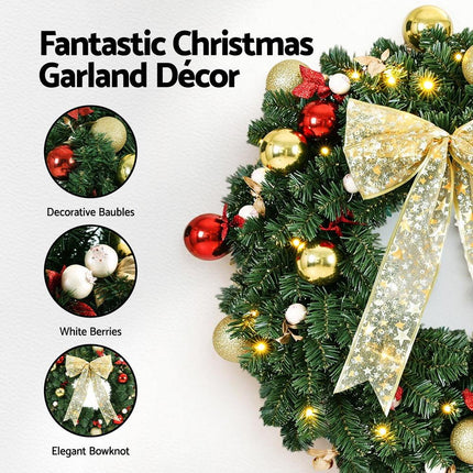 Jingle Jollys Christmas Wreath 60CM LED Garland Berries Bow Baubles Xmas Decor.