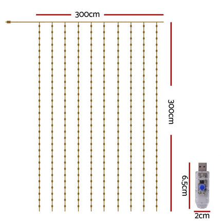 Jingle Jollys 3X3M Christmas Lights Curtain String Light 300 LED Warm White.