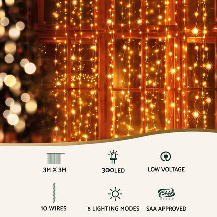 Jingle Jollys 3X3M Christmas Lights Curtain String Light 300 LED Warm White.