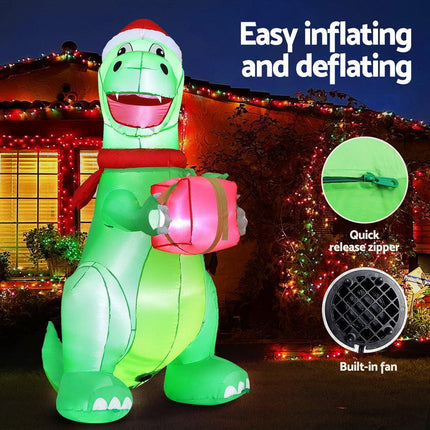 Jingle Jollys Christmas Inflatable Dinosaur 1.8M Height LED Decorations Illuminated.